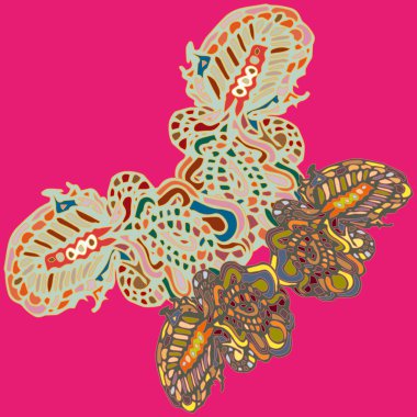 Soyut desenli renkli parlak kelebek kanatları, tekstil baskı, vektör çizim ile. Kumaş tasarımı için duvar kağıdı.