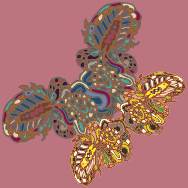 Soyut desenli renkli parlak kelebek kanatları, tekstil baskı, vektör çizim ile. Kumaş tasarımı için duvar kağıdı.