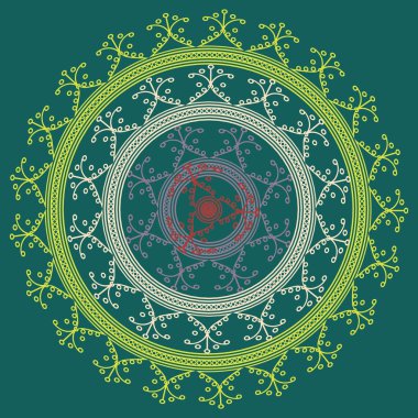 Basit renkli soyut mandala. Basit şekiller oluşan parlak dairesel süsleme. 