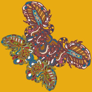 Soyut desenli renkli parlak kelebek kanatları, tekstil baskı, vektör çizim ile. Kumaş tasarımı için duvar kağıdı.