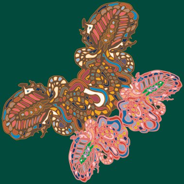 Soyut desenli renkli parlak kelebek kanatları, tekstil baskı, vektör çizim ile. Kumaş tasarımı için duvar kağıdı.