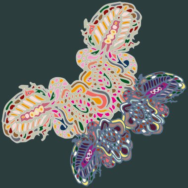 Soyut desenli renkli parlak kelebek kanatları, tekstil baskı, vektör çizim ile. Kumaş tasarımı için duvar kağıdı.