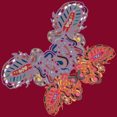 Soyut desenli renkli parlak kelebek kanatları, tekstil baskı, vektör çizim ile. Kumaş tasarımı için duvar kağıdı.