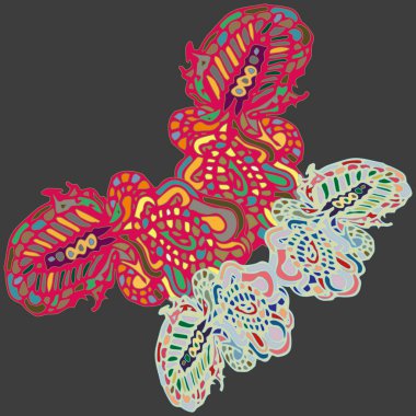 Soyut desenli renkli parlak kelebek kanatları, tekstil baskı, vektör çizim ile. Kumaş tasarımı için duvar kağıdı.