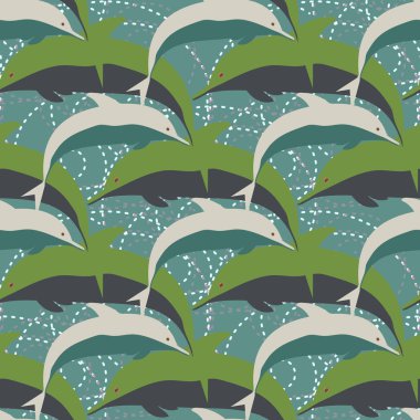 Dekoratif renkli seamless modeli sevimli yunuslar ile