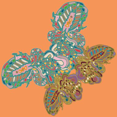 Soyut desenli renkli parlak kelebek kanatları, tekstil baskı, vektör çizim ile. Kumaş tasarımı için duvar kağıdı.
