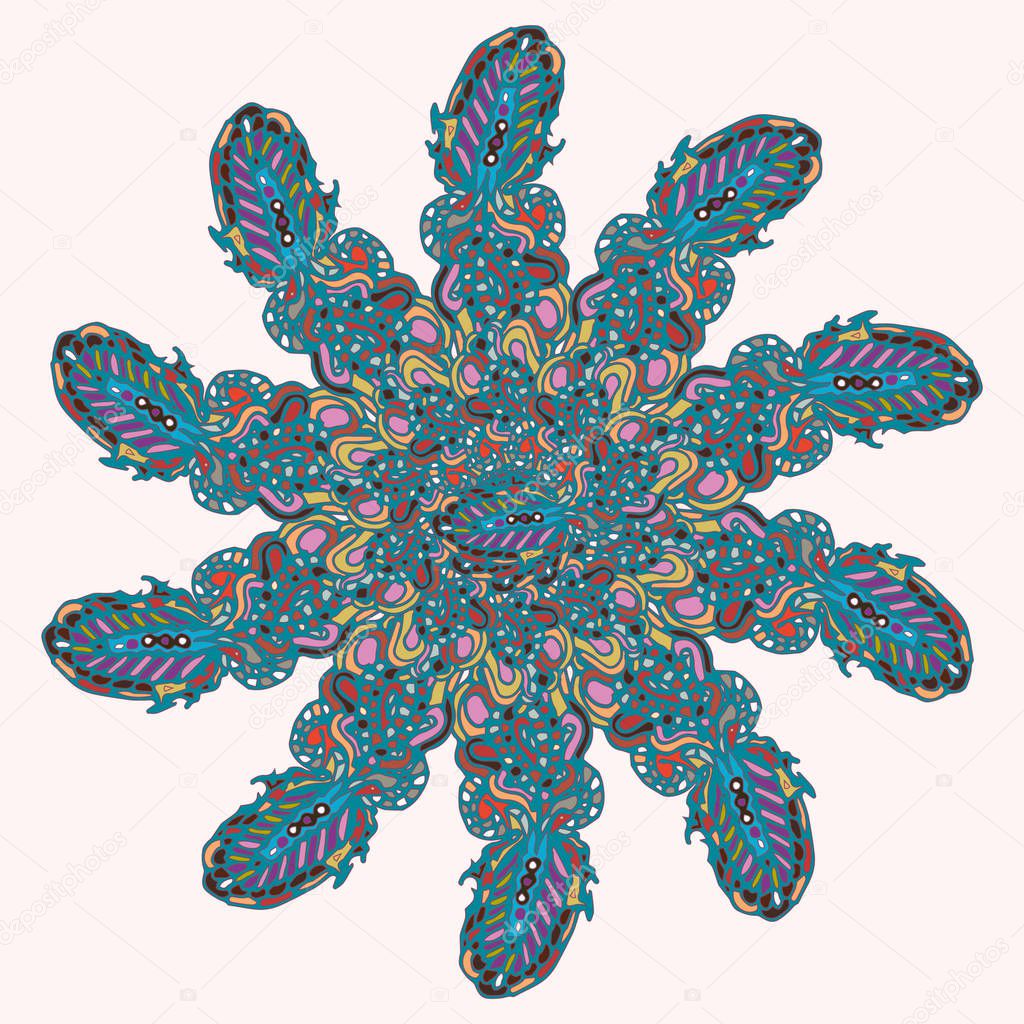 New symmetrical mandala in style zentangle inspired art with doodle. Decorative object can be used for wallpaper, pattern fills, web pages, surface textures.