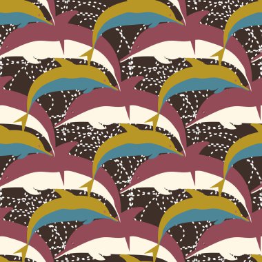 Dekoratif renkli seamless modeli sevimli yunuslar ile