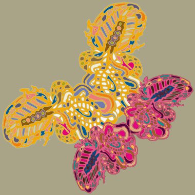 Soyut desenli renkli parlak kelebek kanatları, tekstil baskı, vektör çizim ile. Kumaş tasarımı için duvar kağıdı.