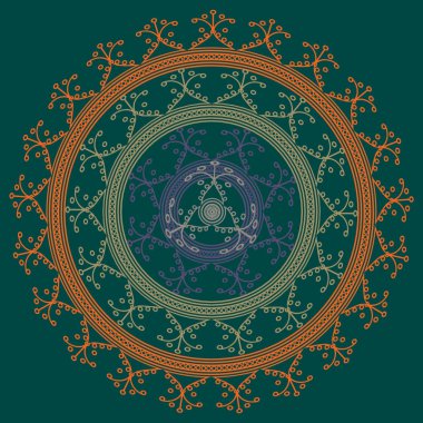 Basit renkli soyut mandala. Basit şekiller oluşan parlak dairesel süsleme. 