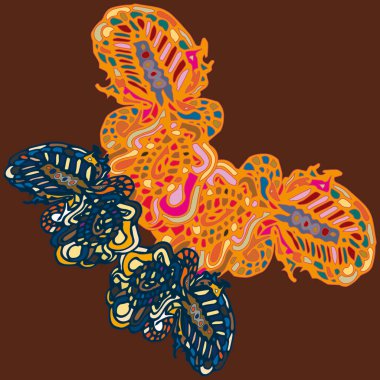 Soyut desenli renkli parlak kelebek kanatları, tekstil baskı, vektör çizim ile. Kumaş tasarımı için duvar kağıdı.