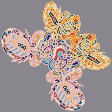 Soyut desenli renkli parlak kelebek kanatları, tekstil baskı, vektör çizim ile. Kumaş tasarımı için duvar kağıdı.