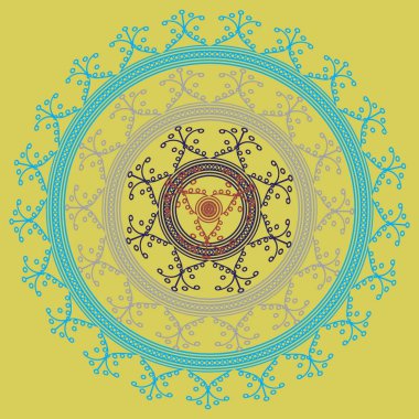 Basit renkli soyut mandala. Basit şekiller oluşan parlak dairesel süsleme. 