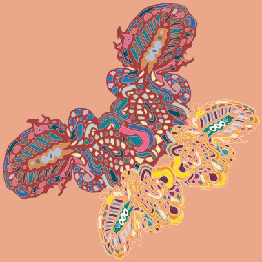 Soyut desenli renkli parlak kelebek kanatları, tekstil baskı, vektör çizim ile. Kumaş tasarımı için duvar kağıdı.