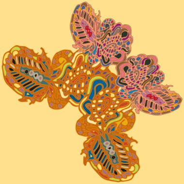 Soyut desenli renkli parlak kelebek kanatları, tekstil baskı, vektör çizim ile. Kumaş tasarımı için duvar kağıdı.