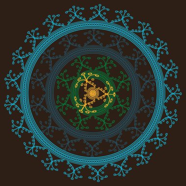 Basit renkli soyut mandala. Basit şekiller oluşan parlak dairesel süsleme. 