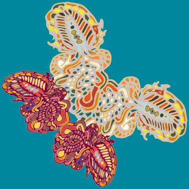 Soyut desenli renkli parlak kelebek kanatları, tekstil baskı, vektör çizim ile. Kumaş tasarımı için duvar kağıdı.