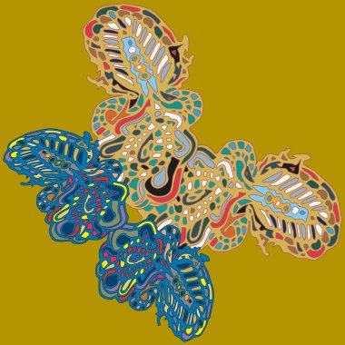 Soyut desenli renkli parlak kelebek kanatları, tekstil baskı, vektör çizim ile. Kumaş tasarımı için duvar kağıdı.