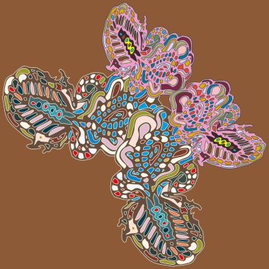 Soyut desenli renkli parlak kelebek kanatları, tekstil baskı, vektör çizim ile. Kumaş tasarımı için duvar kağıdı.