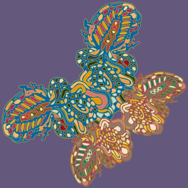 Soyut desenli renkli parlak kelebek kanatları, tekstil baskı, vektör çizim ile. Kumaş tasarımı için duvar kağıdı.