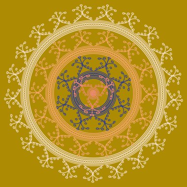 Basit renkli soyut mandala. Basit şekiller oluşan parlak dairesel süsleme. 