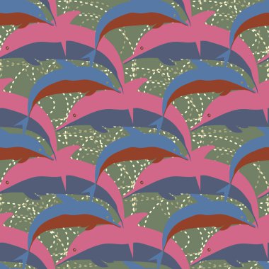 Dekoratif renkli seamless modeli sevimli yunuslar ile