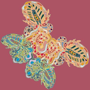 Soyut desenli renkli parlak kelebek kanatları, tekstil baskı, vektör çizim ile. Kumaş tasarımı için duvar kağıdı.