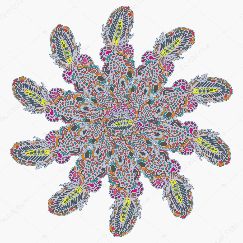 New symmetrical mandala in style zentangle inspired art with doodle. Decorative object can be used for wallpaper, pattern fills, web pages, surface textures.