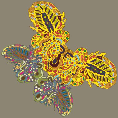 Soyut desenli renkli parlak kelebek kanatları, tekstil baskı, vektör çizim ile. Kumaş tasarımı için duvar kağıdı.