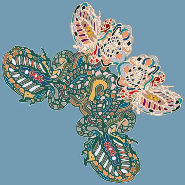 Soyut desenli renkli parlak kelebek kanatları, tekstil baskı, vektör çizim ile. Kumaş tasarımı için duvar kağıdı.