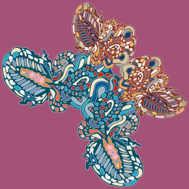 Soyut desenli renkli parlak kelebek kanatları, tekstil baskı, vektör çizim ile. Kumaş tasarımı için duvar kağıdı.