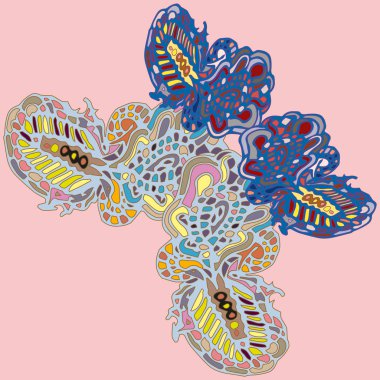 Soyut desenli renkli parlak kelebek kanatları, tekstil baskı, vektör çizim ile. Kumaş tasarımı için duvar kağıdı.