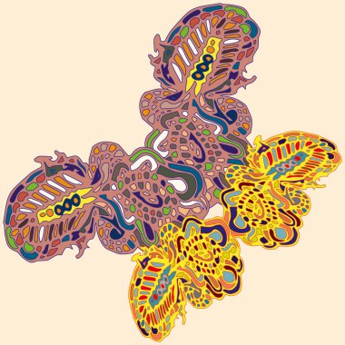 Soyut desenli renkli parlak kelebek kanatları, tekstil baskı, vektör çizim ile. Kumaş tasarımı için duvar kağıdı.