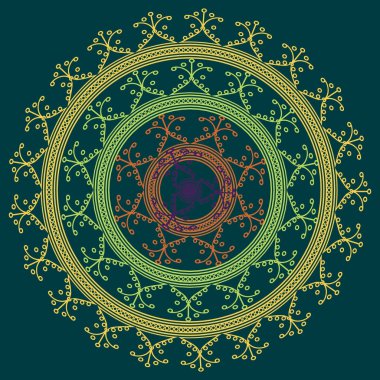 Basit renkli soyut mandala. Basit şekiller oluşan parlak dairesel süsleme. 