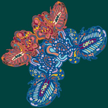 Soyut desenli renkli parlak kelebek kanatları, tekstil baskı, vektör çizim ile. Kumaş tasarımı için duvar kağıdı.