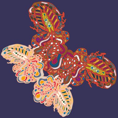 Soyut desenli renkli parlak kelebek kanatları, tekstil baskı, vektör çizim ile. Kumaş tasarımı için duvar kağıdı.