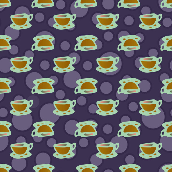 Cups of coffee or tea with dots on background seamless pattern.