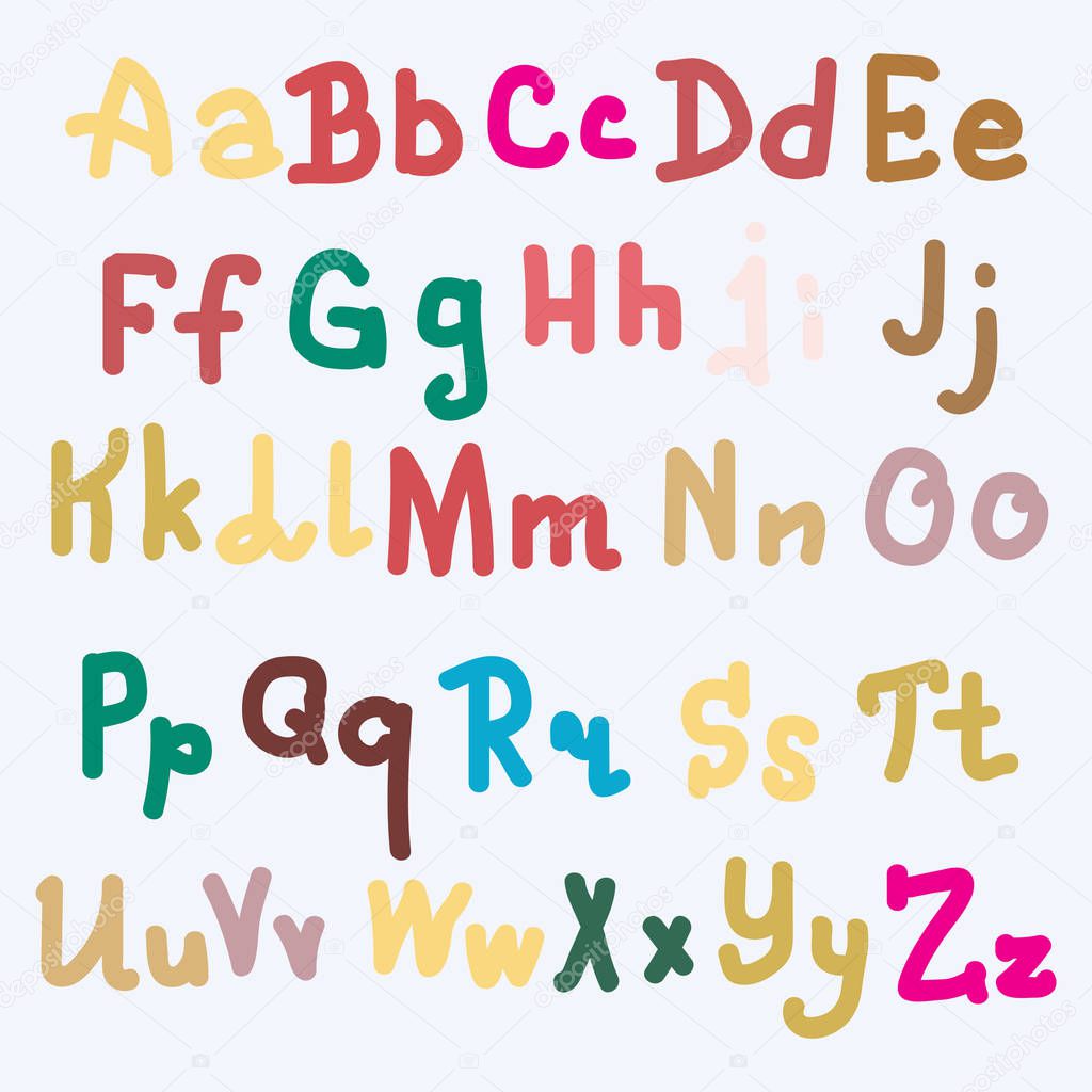 Multi-colored hand drawn alphabet letters on plain background