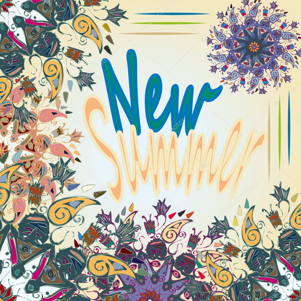 New summer - zentangle inspired art vintage card design with doodle in bright colors