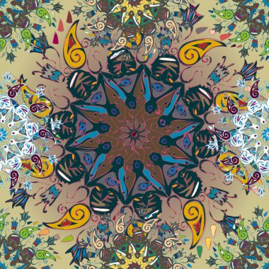 Basit renkli soyut mandala. Basit şekiller oluşan parlak dairesel süsleme. 