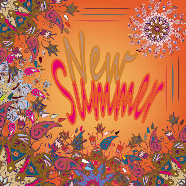 New summer - zentangle inspired art vintage card design with doodle in bright colors