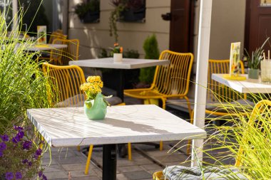 Açık hava restoranlarının terasında güneşli masalar, canlı sarı sandalyeler, yeşil bitkiler ve yaz ortamı için mükemmel olan küçük bir saksı bulunuyor.