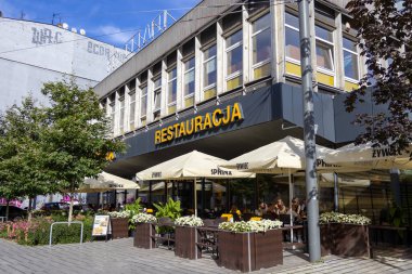 Poznan, Polonya - 20 Eylül 2025: Zywiec markalı şemsiyeler altında yemek yiyen ve etrafı çiçekçilerle çevrili güneşli açık hava Sphinx restoran verandası, yaz için ideal.