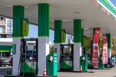 Poznan, Polonya - 20 Eylül 2025: Uygun duraklar için Wild Bean Cafe reklamlarının yer aldığı çok sayıda yeşil ve beyaz yakıt pompası bulunan modern bir BP benzin istasyonunun dış görünüşü