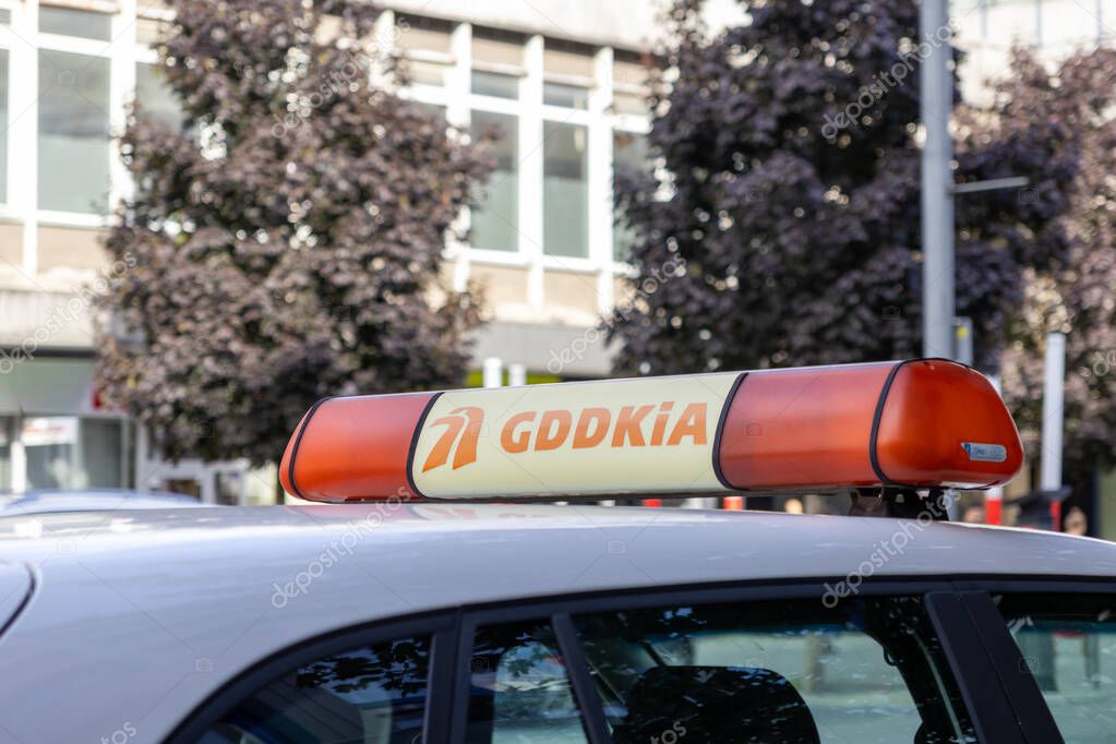 Poznan, Poland - September 20, 2025: GDDKiA orange light bar on an official Polish vehicle, showcasing national road administration's infrastructure management