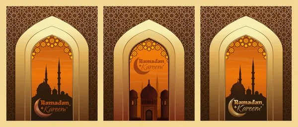 Colección Tarjetas Felicitación Para Ramadán Diseño Islámico Con Mezquita Saludo — Vector de stock