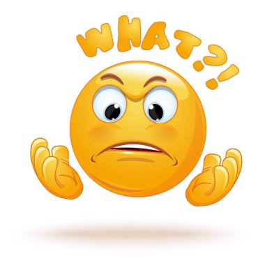 Emoji ellerini yükseltir ve bir soru sorar. Kızgın surat soru sorar. İnterrogatory jest. Sürpriz güçlü duygu. Beyaz arka plan üzerinde izole vektör çizim