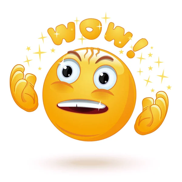 Cute enraptured emotions emoji. Emoticon face surprised. Emoji excited with admiring look and googly eyes saying Wow. Emotion raises his hands in admiration. Vector illustration