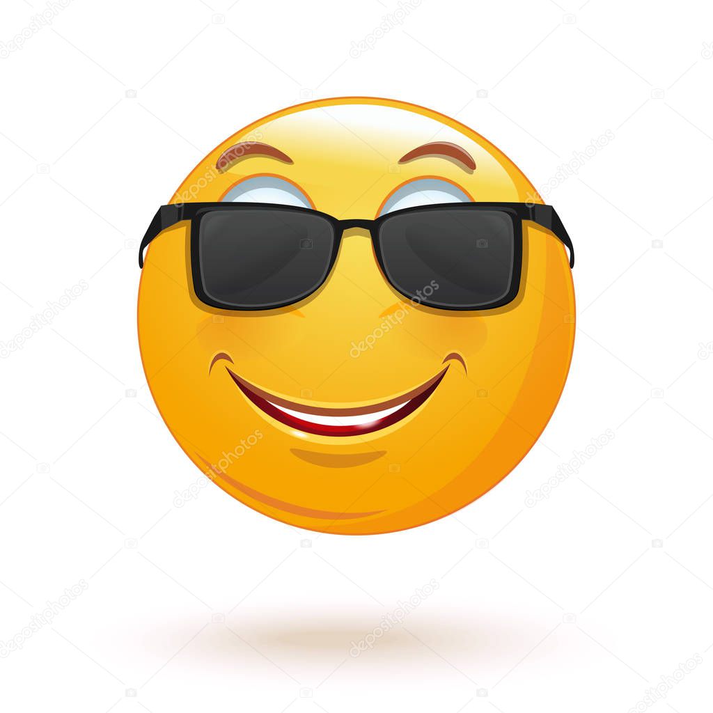 Cheerful smiley in sunglasses. Happy smiley emoticon face. Positive smiling ball. Vector illustration