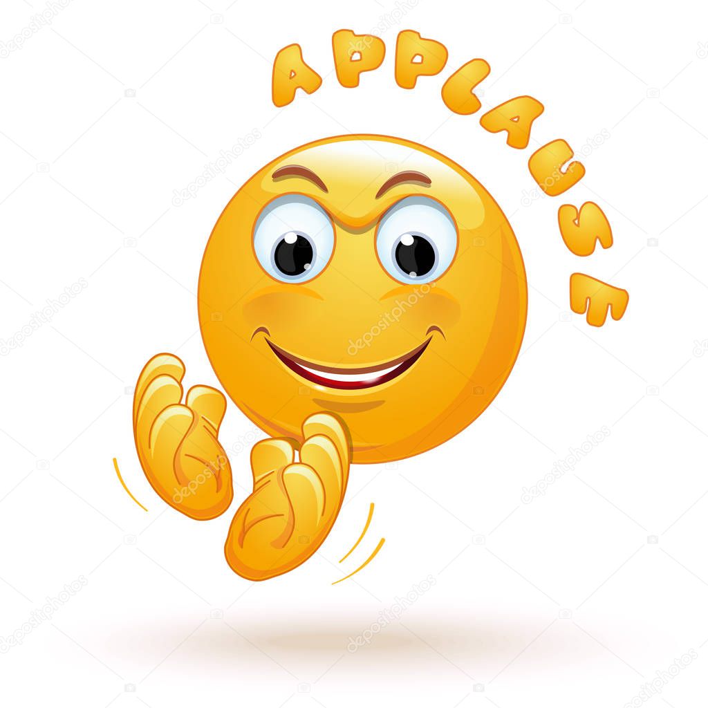 Joyful emoticon applauds. Cheerful emoji claps his hands happily. Joyful smiley claps. Stormy applause. Ovation. Vector illustration isolated on white background